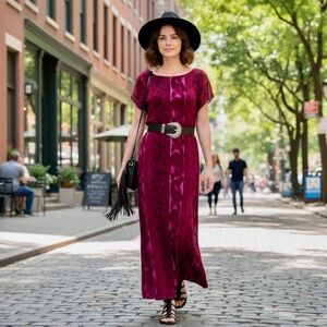 Michaels Burgundy and Pink Maxi Dress Short Sleeve Crew Neck